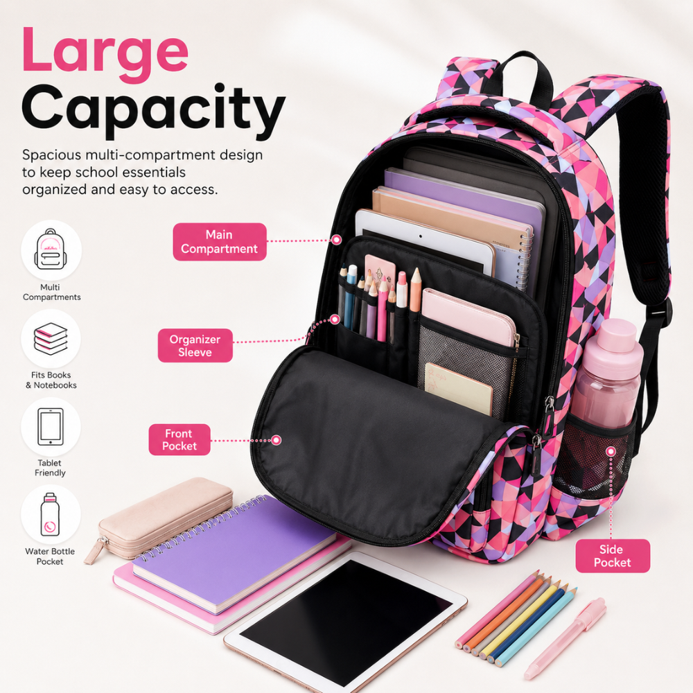 3-teiliges Schulrucksack-Set mit geometrischem Muster – Wasserabweisender Rucksack mit Laptopfach, Lunch-Tasche & Etui