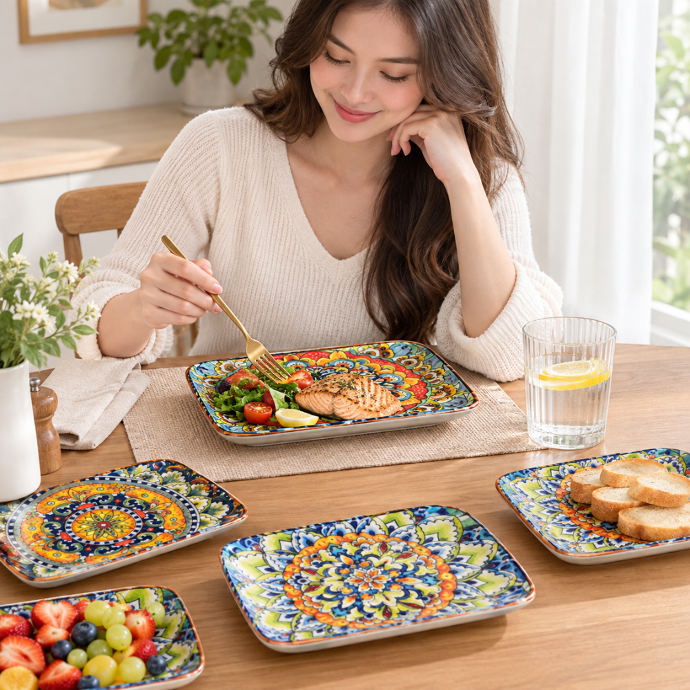 Servierplatten 4er-Set aus Keramik – Rechteckige Platten mit buntem Mandala-Muster für den Tisch