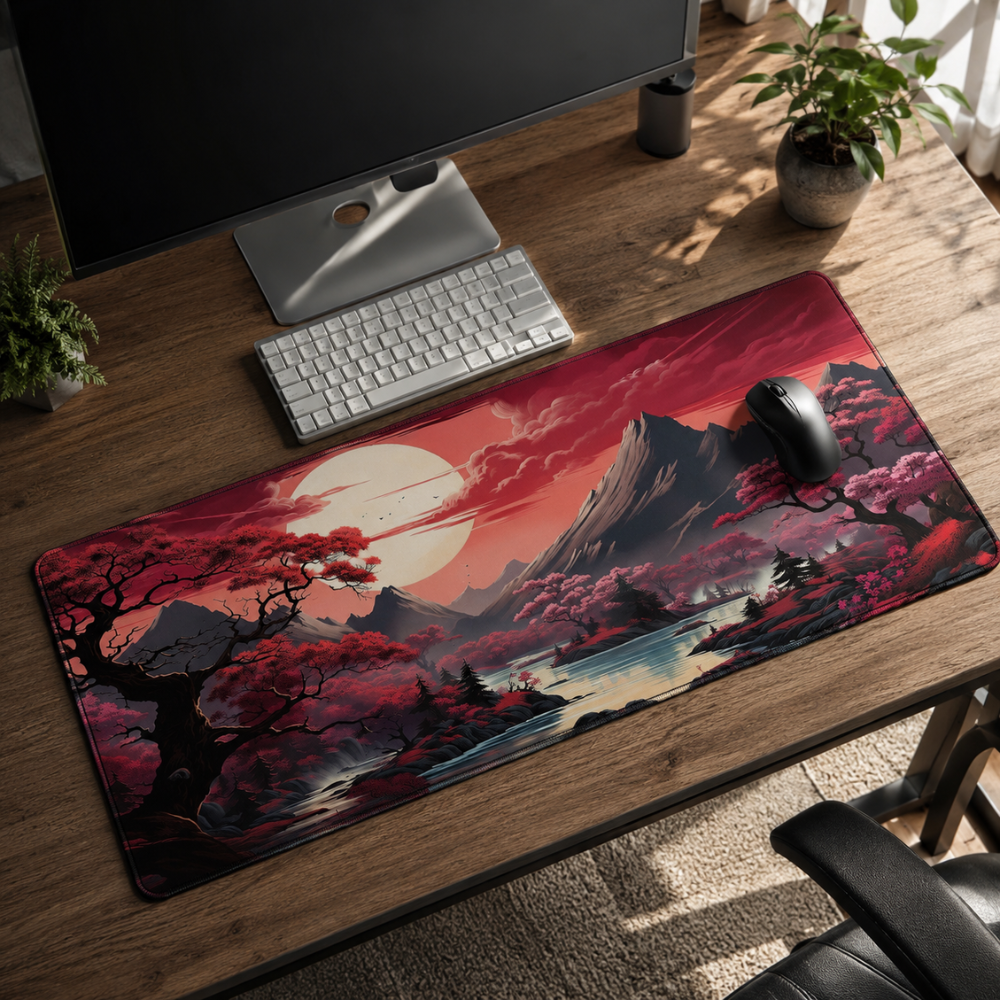 Schreibtischunterlage & XXL Gaming-Mauspad 100 × 50 cm – Sakura-Landschaft bei Nacht, rutschfeste Stoffmatte für Büro, Homeoffice, Schule & Gaming