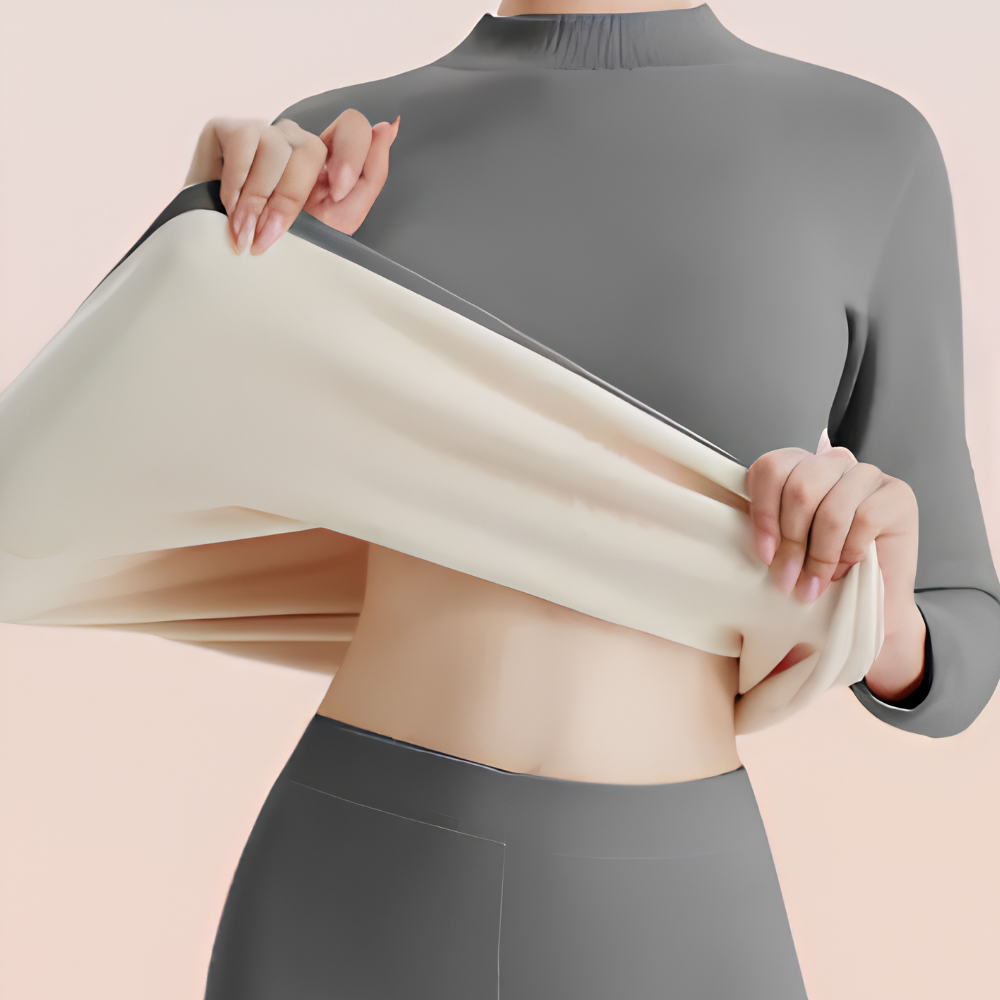 Thermounterwäsche Damen Set – gefüttertes Thermo Oberteil mit Stehkragen und Hose, 2-teilig