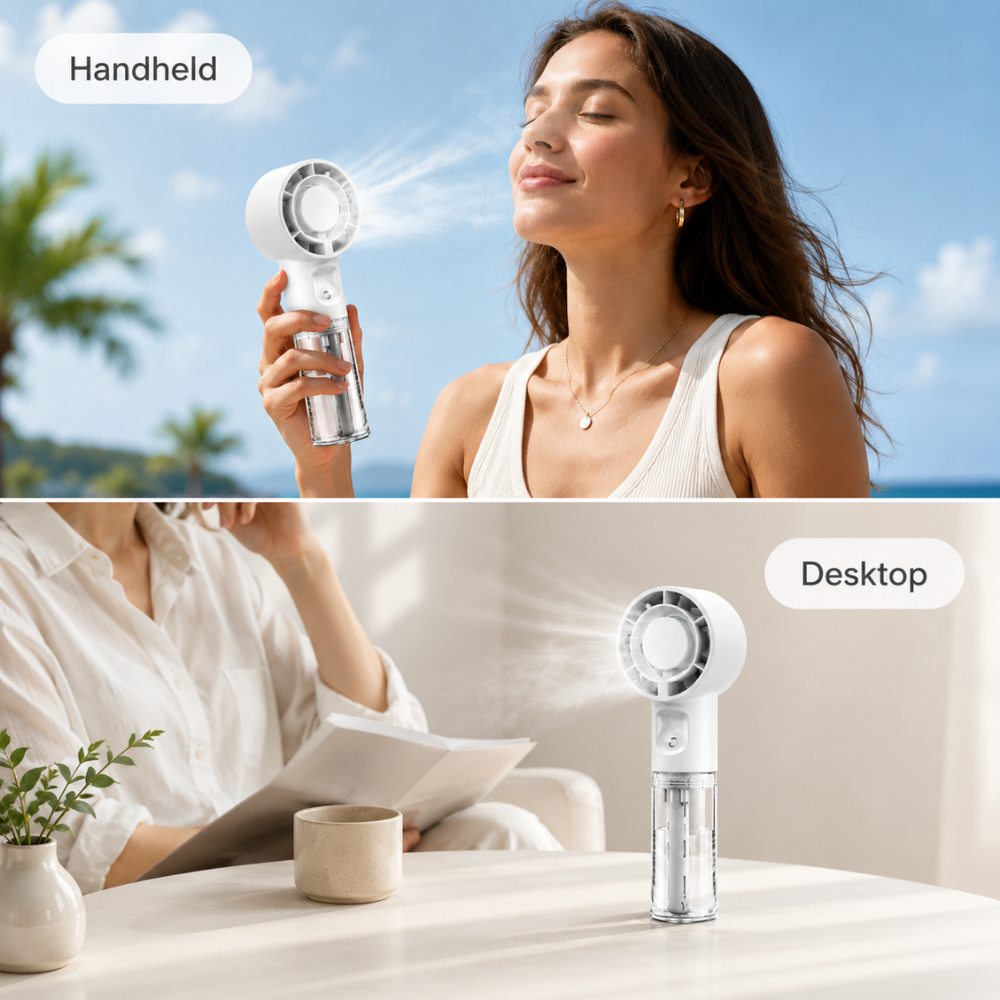 Tragbarer Mini-Sprühventilator – USB-aufladbarer Handventilator mit Wassertank und 4 Geschwindigkeitsstufen