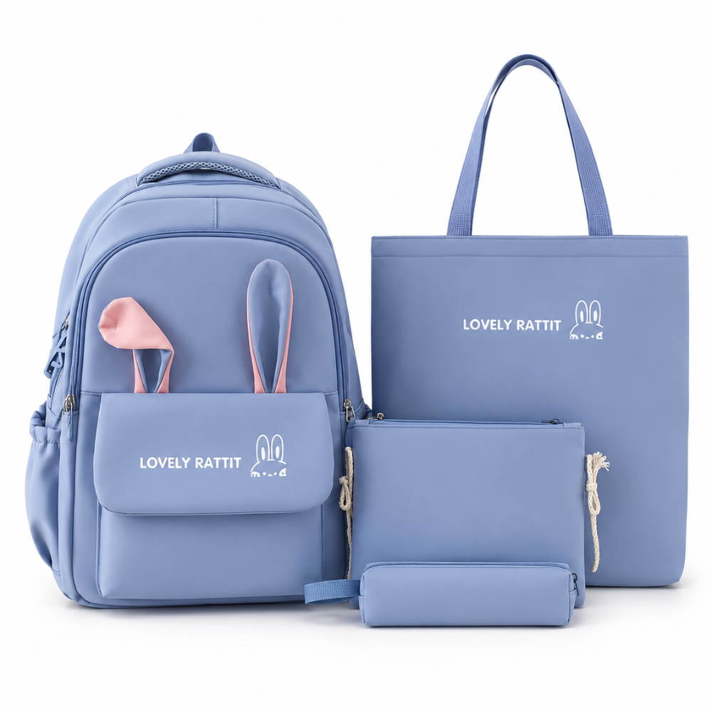 Schulrucksack-Set 4-teilig mit Hasenohren – Großer Nylon-Rucksack mit Tragetasche, Beutel & Mäppchen für Schule & Freizeit