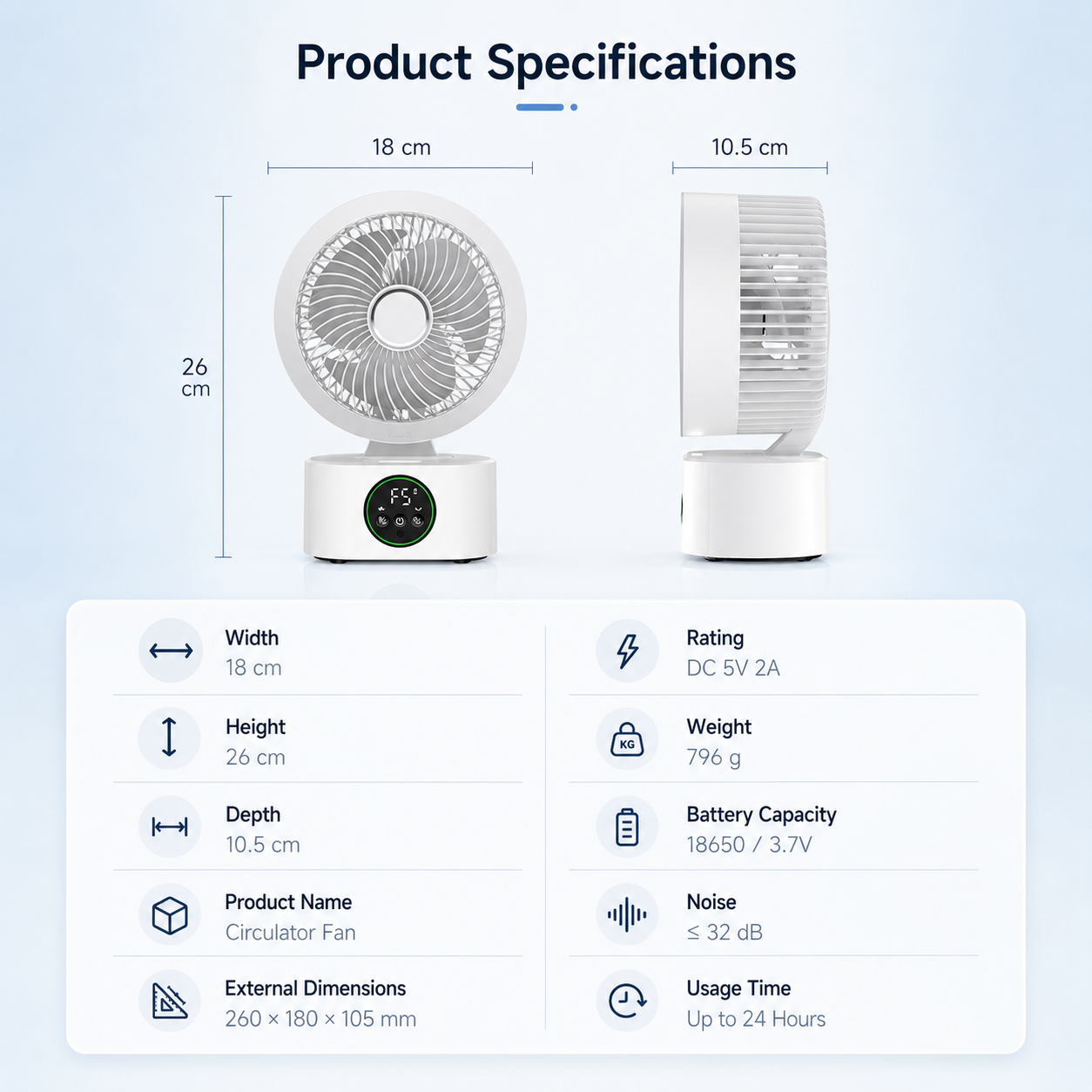Tragbarer USB Wandventilator mit Akku Fernbedienung Sprachsteuerung 3 Geschwindigkeiten Nachtlicht ABS