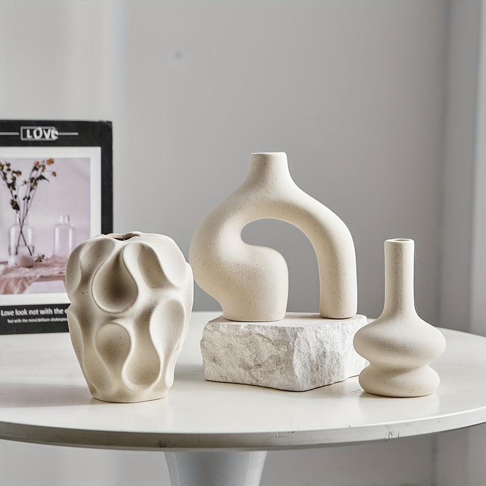 3er Set Keramikvasen Geometrisch - 15cm Boho Donut Vasen & Nordisches Design