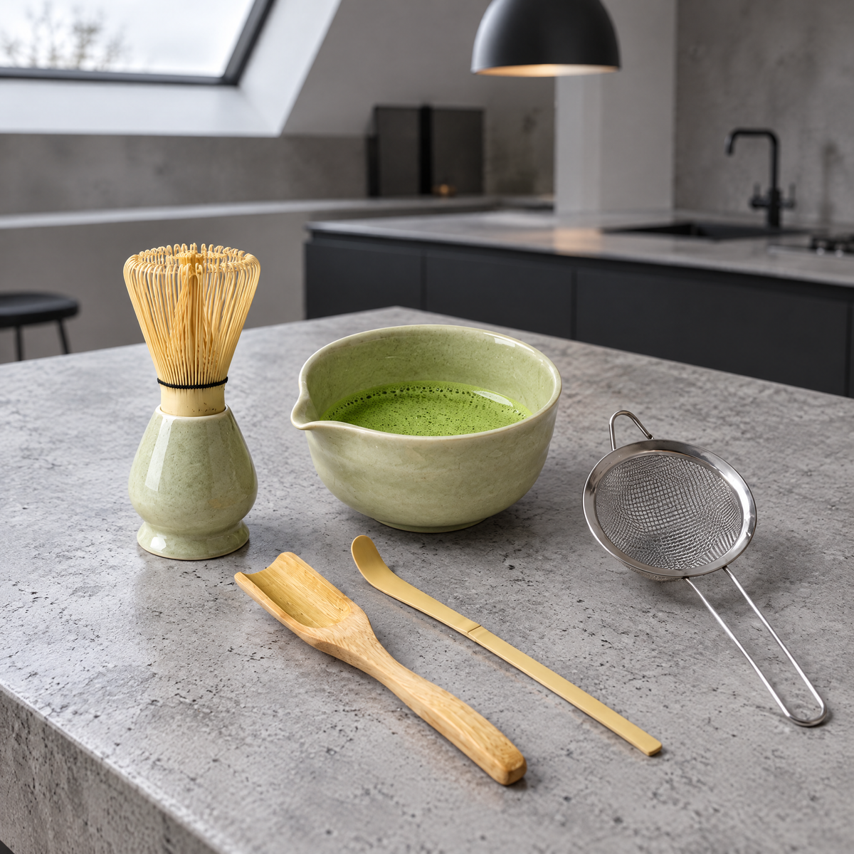 Matcha Set 6-teilig mit Ausguss-Schale, Besenhalter, Bambusbesen, zwei Bambuslöffeln und Edelstahlsieb in einer modernen Küche