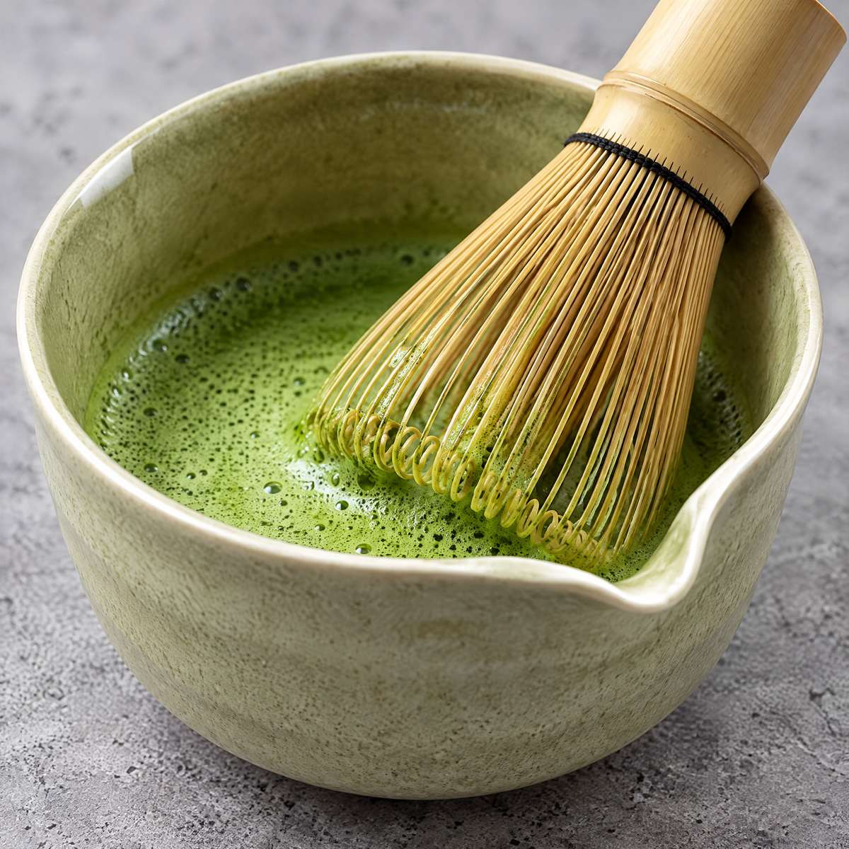 Nahaufnahme der blassgrünen Matcha-Schale mit Ausguss und Bambusbesen im frisch aufgeschlagenen Matcha