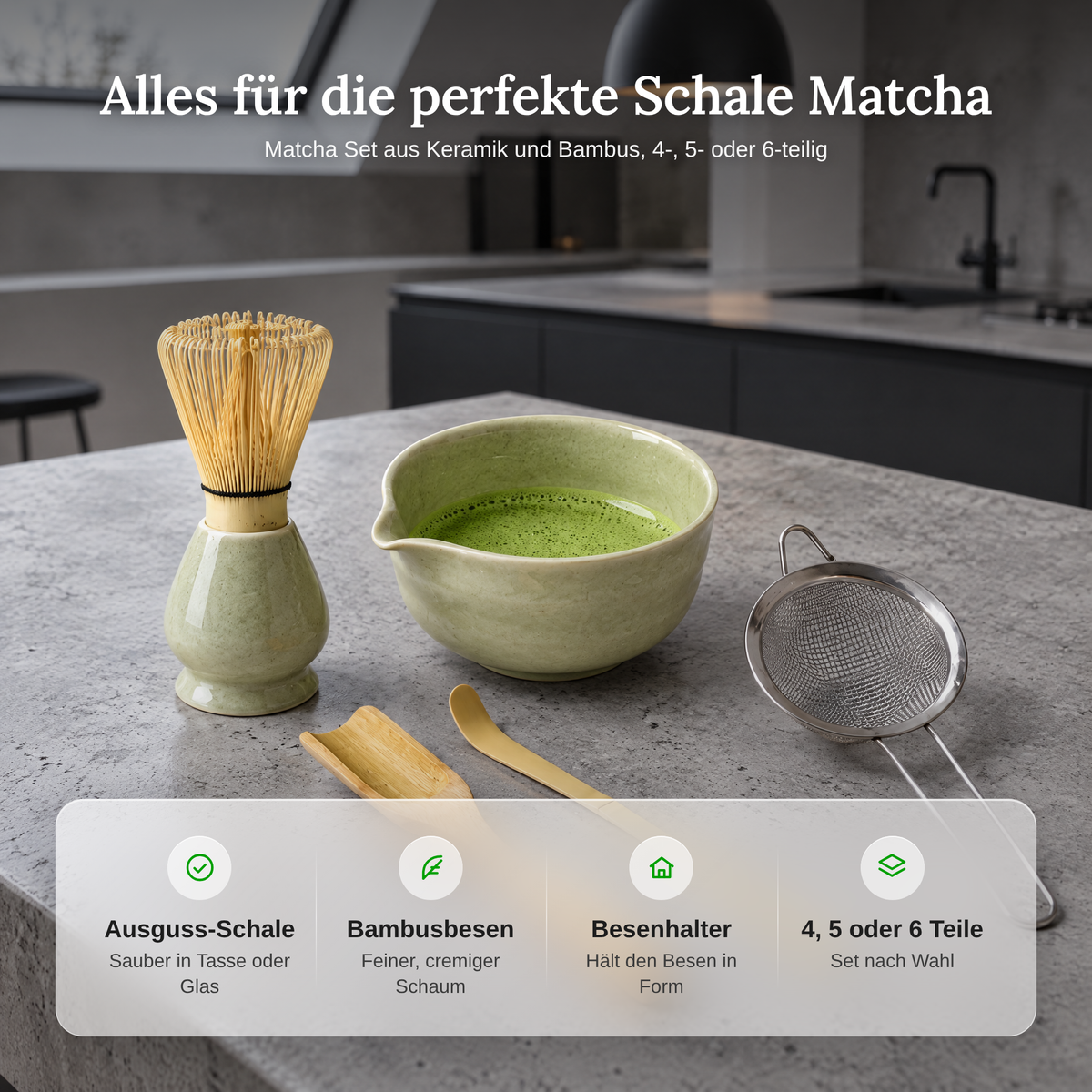 Vorteile des Matcha Sets aus Keramik und Bambus: Ausguss-Schale, Bambusbesen, Besenhalter, 4, 5 oder 6 Teile