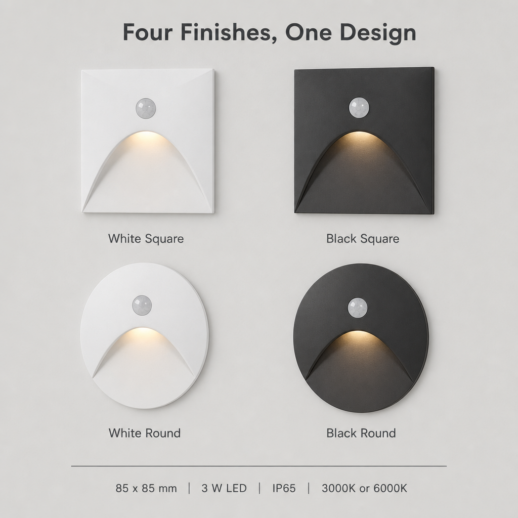 LuminiPath Varianten: Weiss Quadrat, Schwarz Quadrat, Weiss Rund, Schwarz Rund, 85 x 85 mm, 3 W LED, IP65
