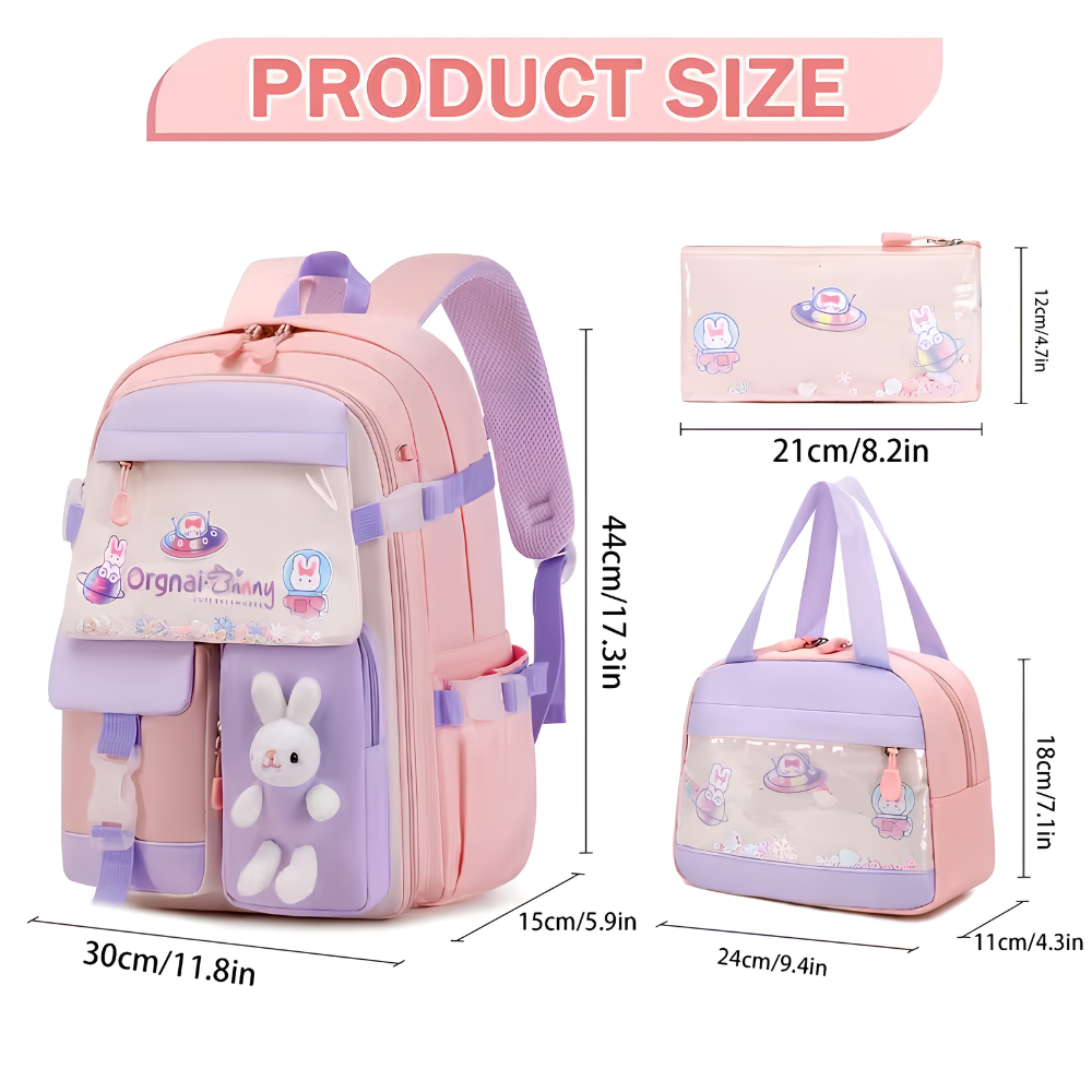 Hasen-Schulrucksack 44 × 30 × 15 cm – Großer Mädchenrucksack mit Brustgurt, Seitentaschen & viel Stauraum