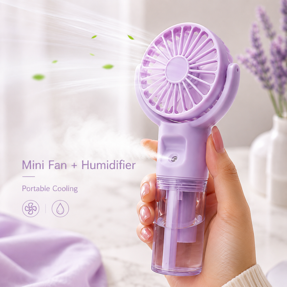 Tragbarer Handventilator mit Wasserspray und drehbarem Kopf – USB-aufladbarer Mini-Nebelventilator mit 4 Geschwindigkeitsstufen für Sommer, Reisen & Outdoor