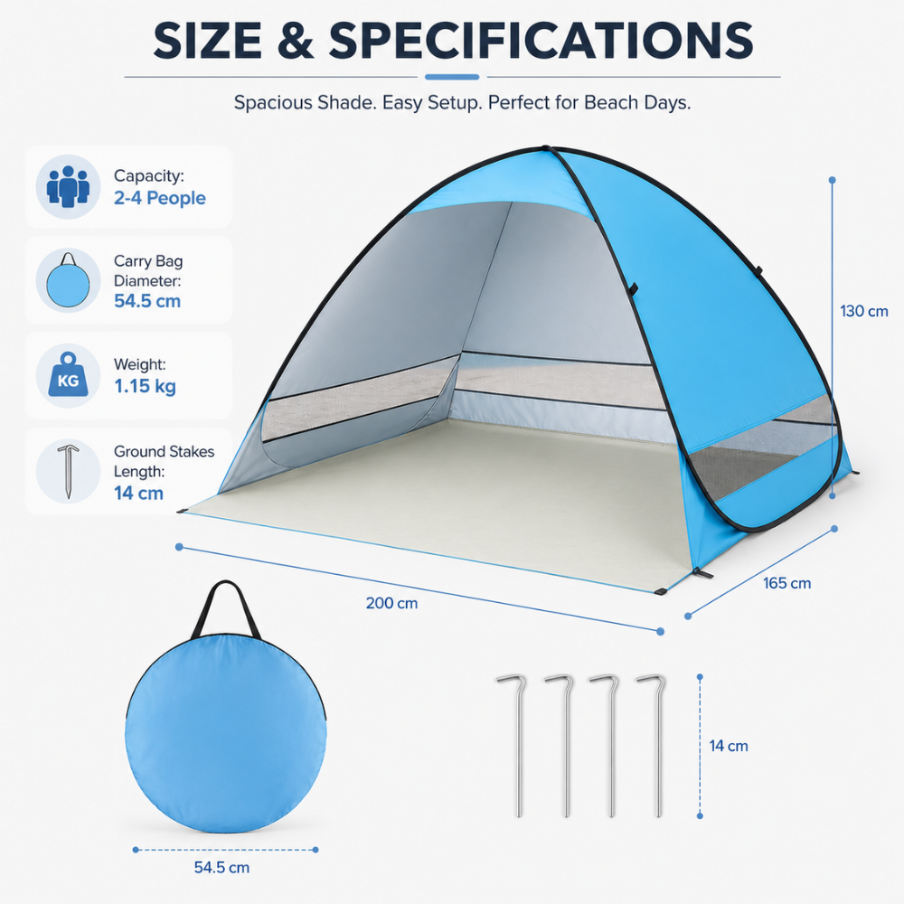 Pop Up Strandmuschel Blau 200 x 165 x 130 cm UPF50+ Strandzelt aus Polyester für Strand Camping