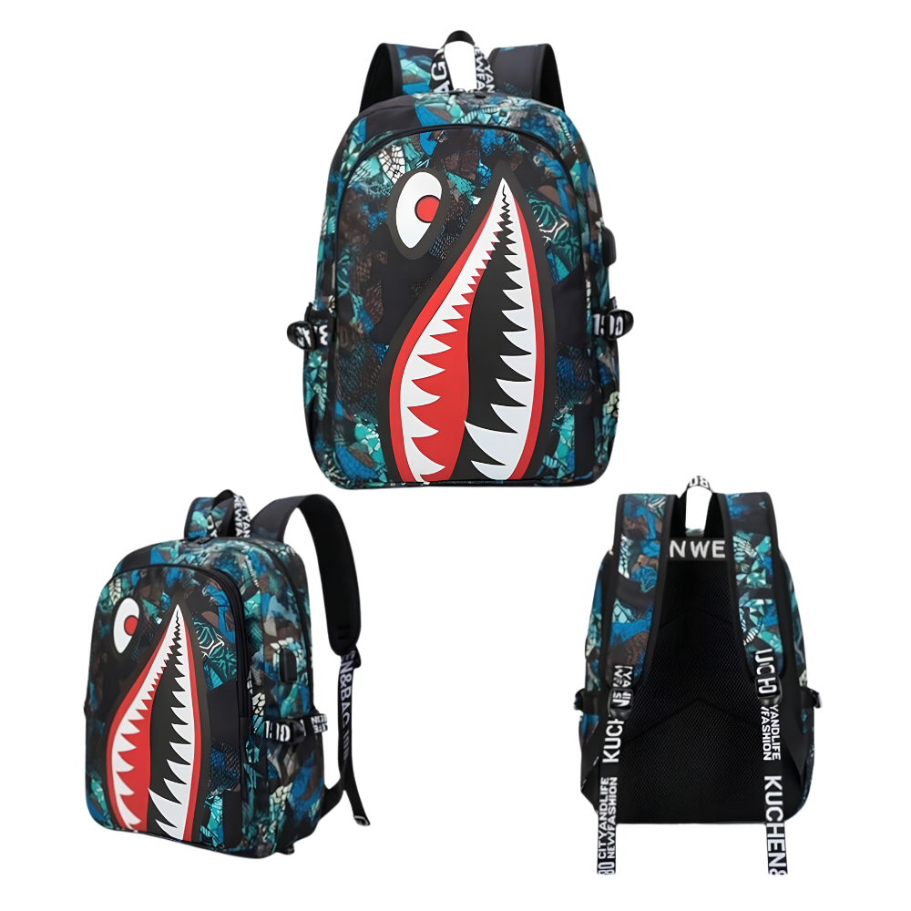 Kinder-Schulrucksack mit Hai-Motiv & USB-Anschluss – Wasserabweisender Rucksack mit großem Stauraum für Schule, Freizeit & Reisen