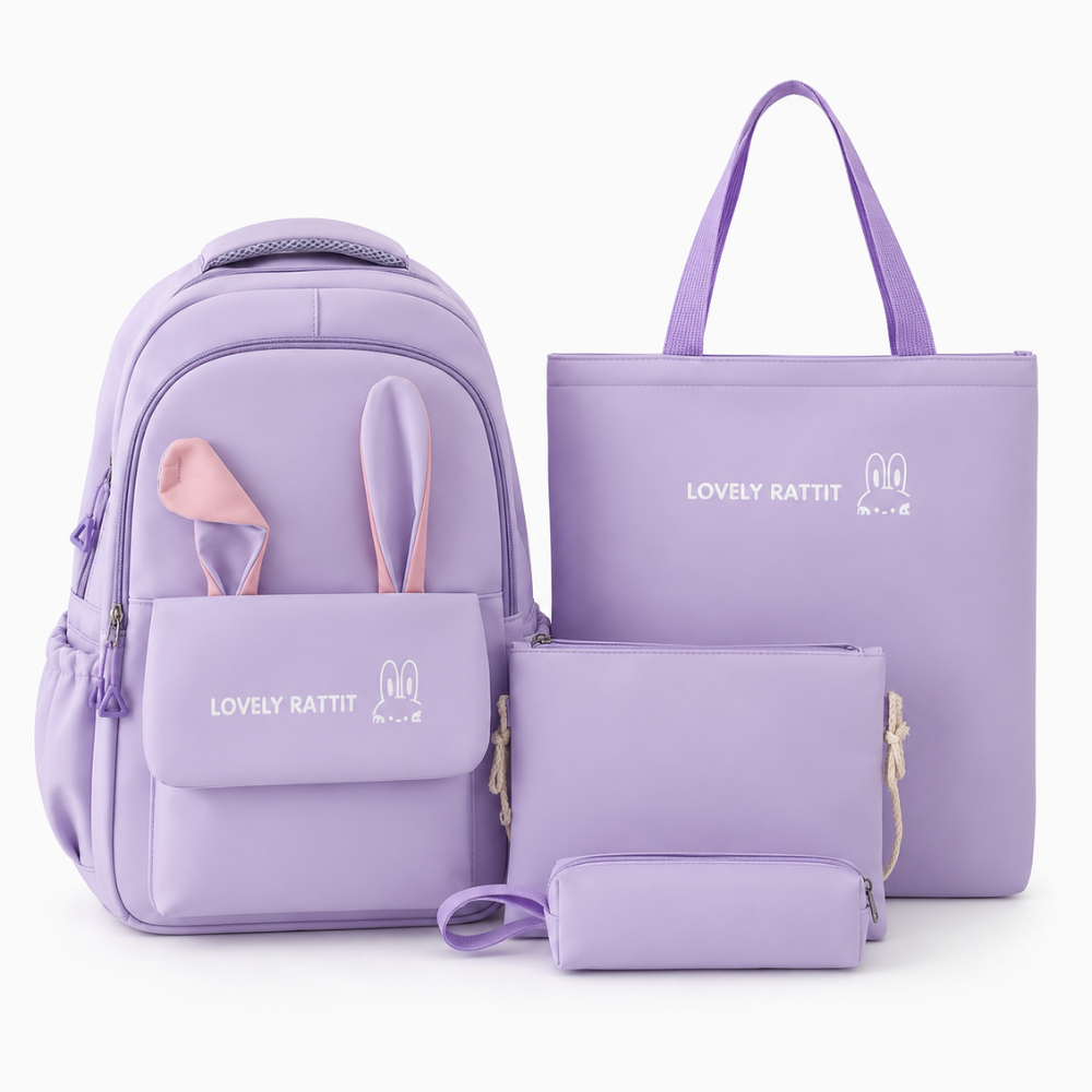 Schulrucksack-Set 4-teilig mit Hasenohren – Großer Nylon-Rucksack mit Tragetasche, Beutel & Mäppchen für Schule & Freizeit