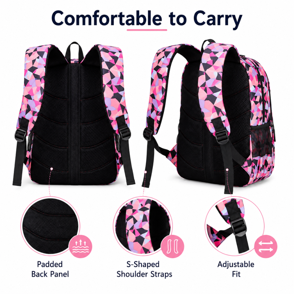 3-teiliges Schulrucksack-Set mit geometrischem Muster – Wasserabweisender Rucksack mit Laptopfach, Lunch-Tasche & Etui