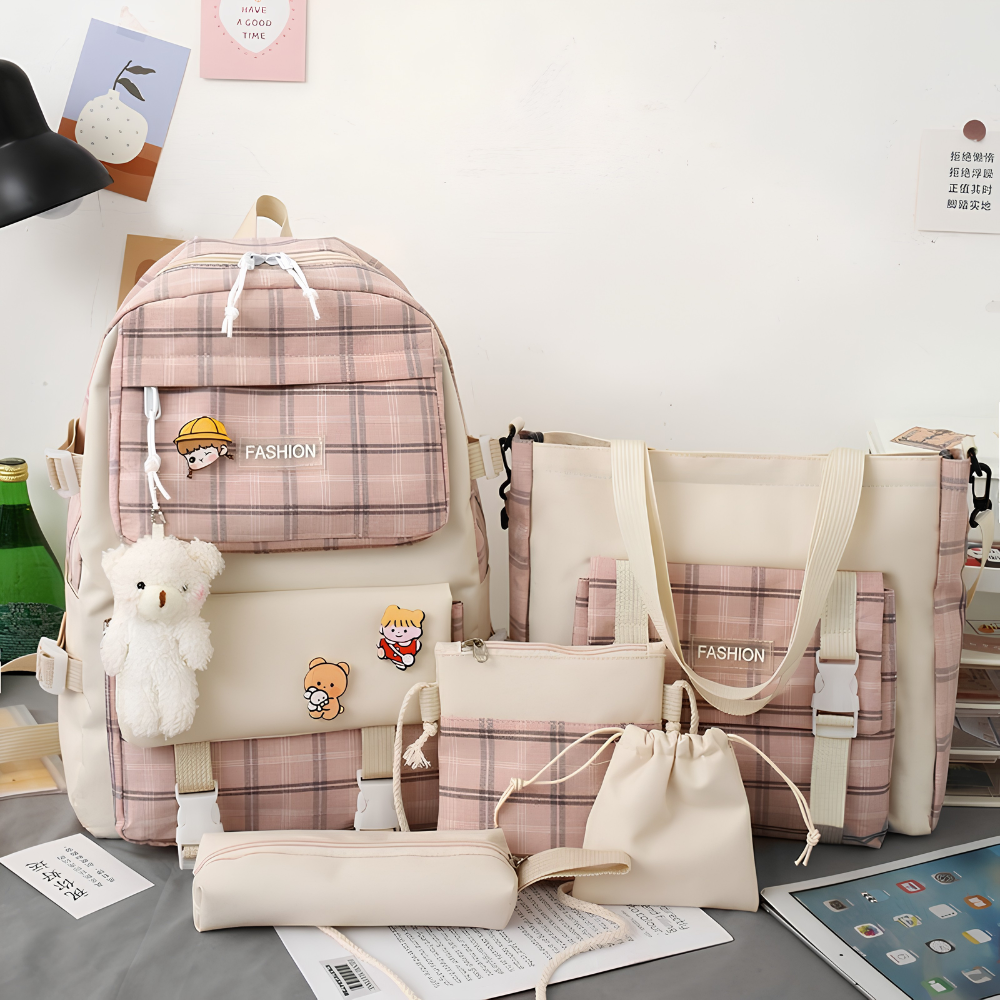 Schulrucksack-Set 5-teilig mit Karomuster – Großer Rucksack mit Tragetasche, Mäppchen, Beutel & Anhängern für Schule & Freizeit