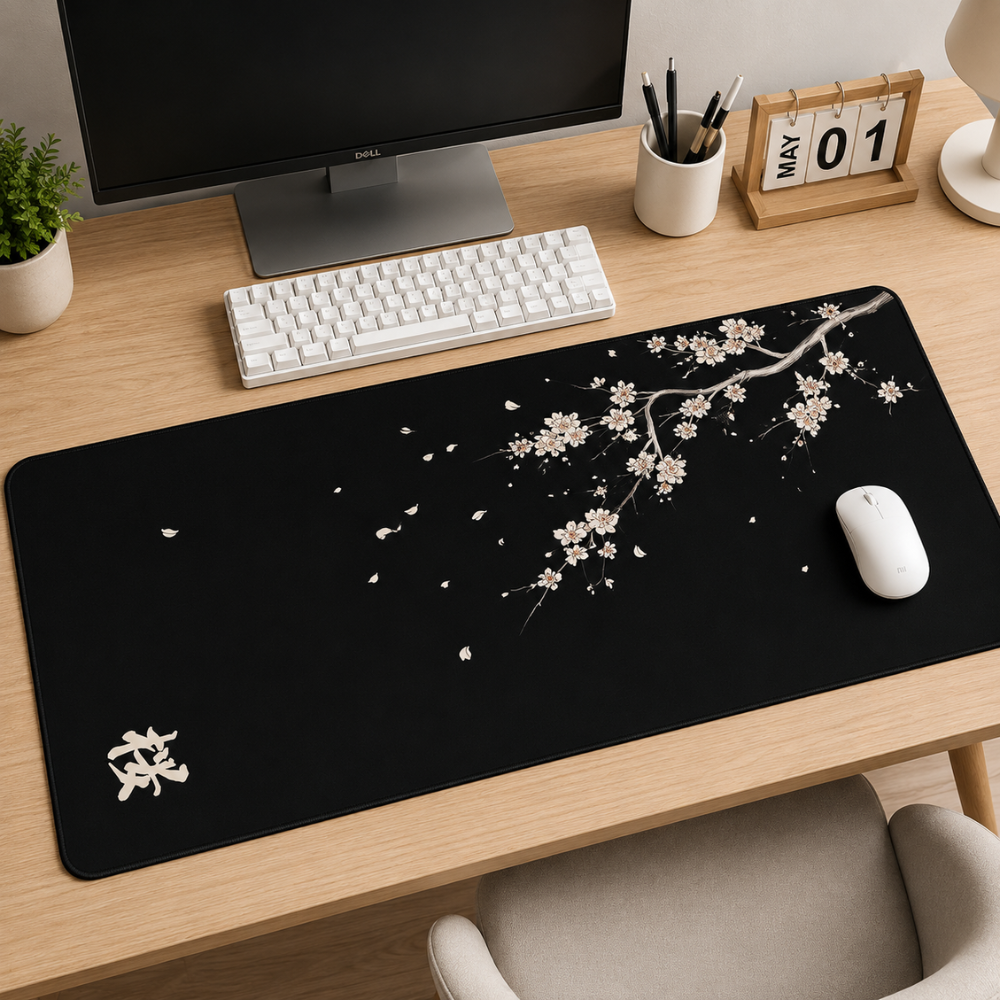 Schreibtischunterlage & XXL Gaming-Mauspad mit Sakura-Kirschblüten – Rutschfeste Stoffmatte für Büro, Homeoffice, Schule & Gaming