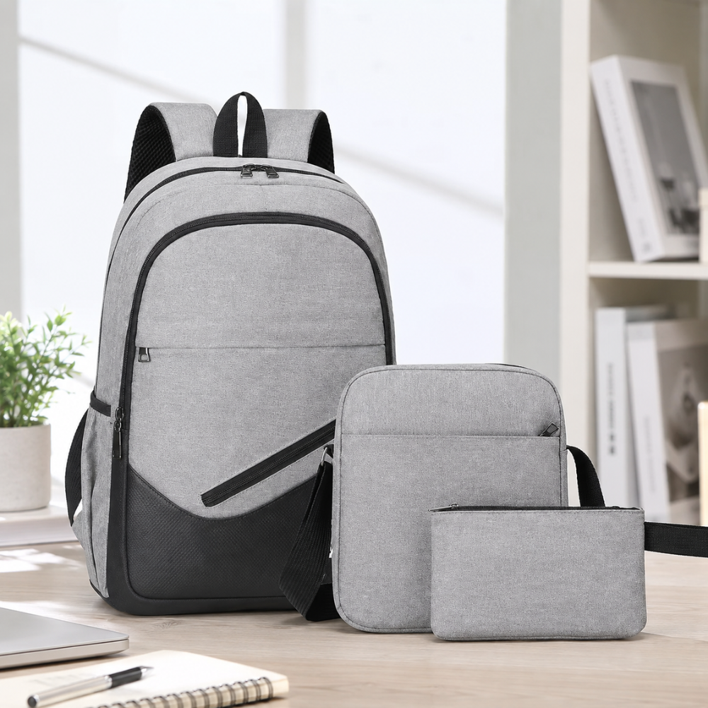 3-teiliges Schulrucksack-Set mit USB-Anschluss – Wasserabweisender Rucksack mit Umhängetasche & Etui für Schule, Uni & Reisen