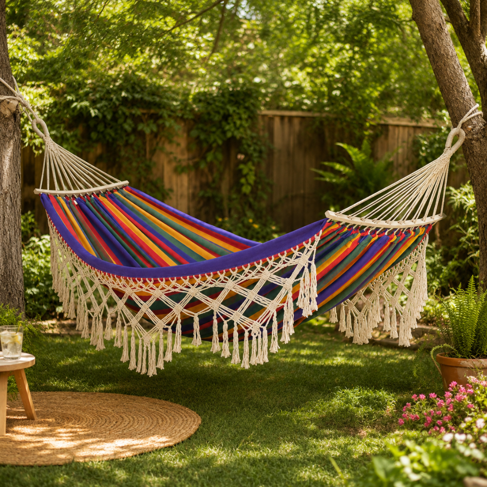 Bohemian Baumwoll Hängematte - Bunte Streifen mit Pompons für Garten und Innenräume