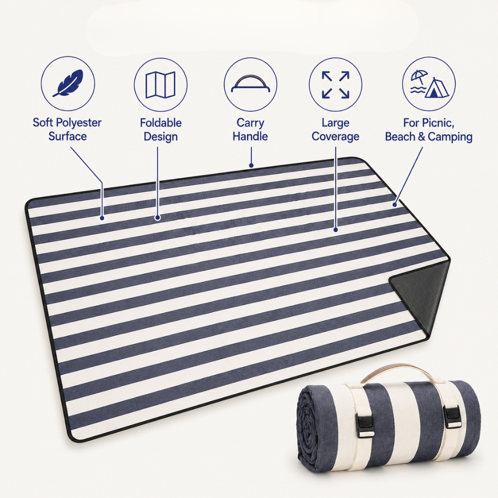 Gestreifte Outdoor Picknickdecke 150 x 200 cm aus Polyester | Faltbare Stranddecke mit Tragegurt
