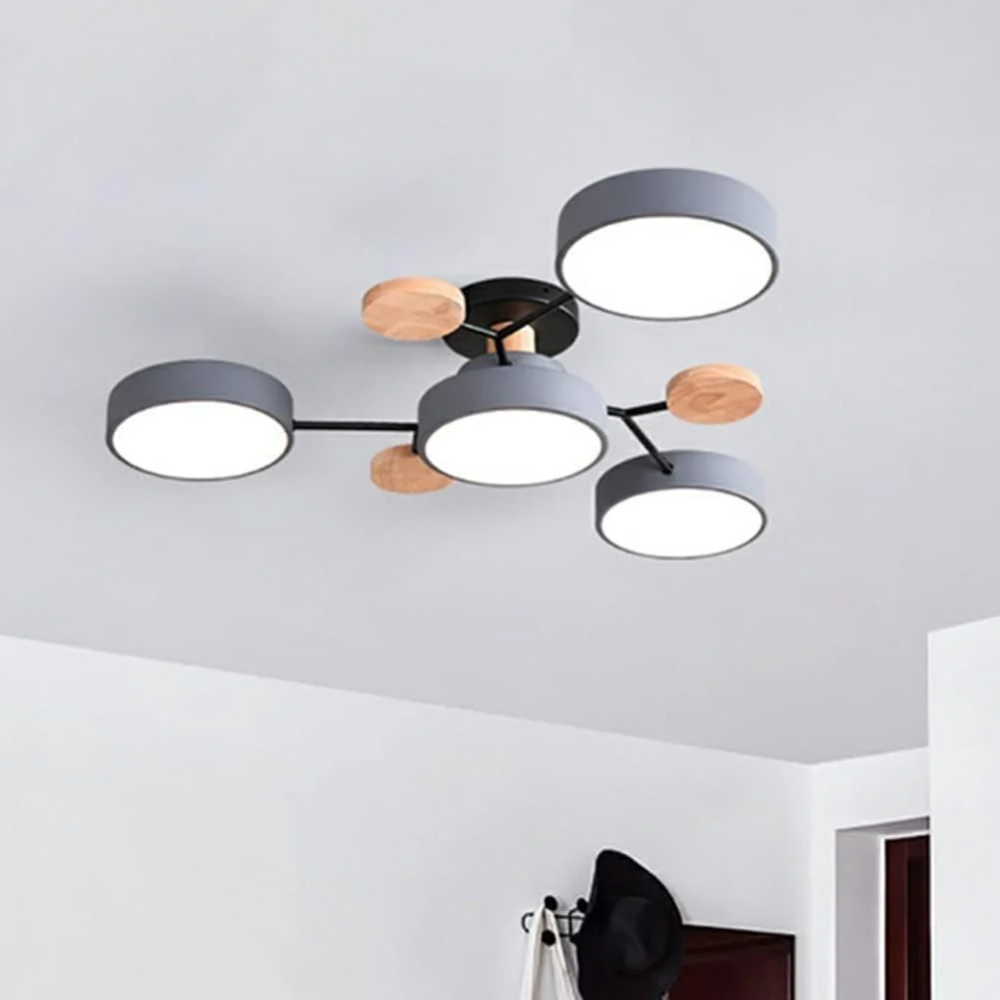 Moderne Mehrpunkt LED Deckenleuchte - Große Holz & Metall Leuchte für Esszimmer