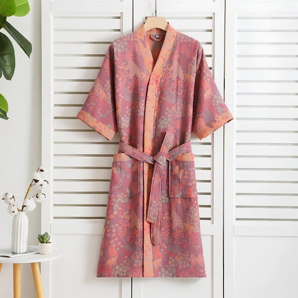Riona Kimono Morgenmantel Damen - Leichter Baumwoll Bademantel Bedruckt mit Blumenmuster