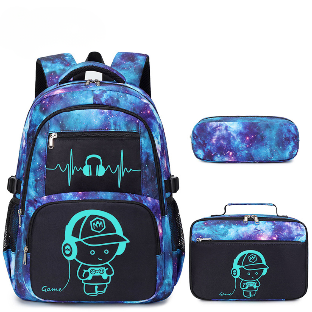 Kinder-Schulrucksack-Set mit Gamer-Motiv 32 × 21 × 45 cm – 3-teiliges Rucksack-Set aus Polyester mit Lunchbag & Federmäppchen