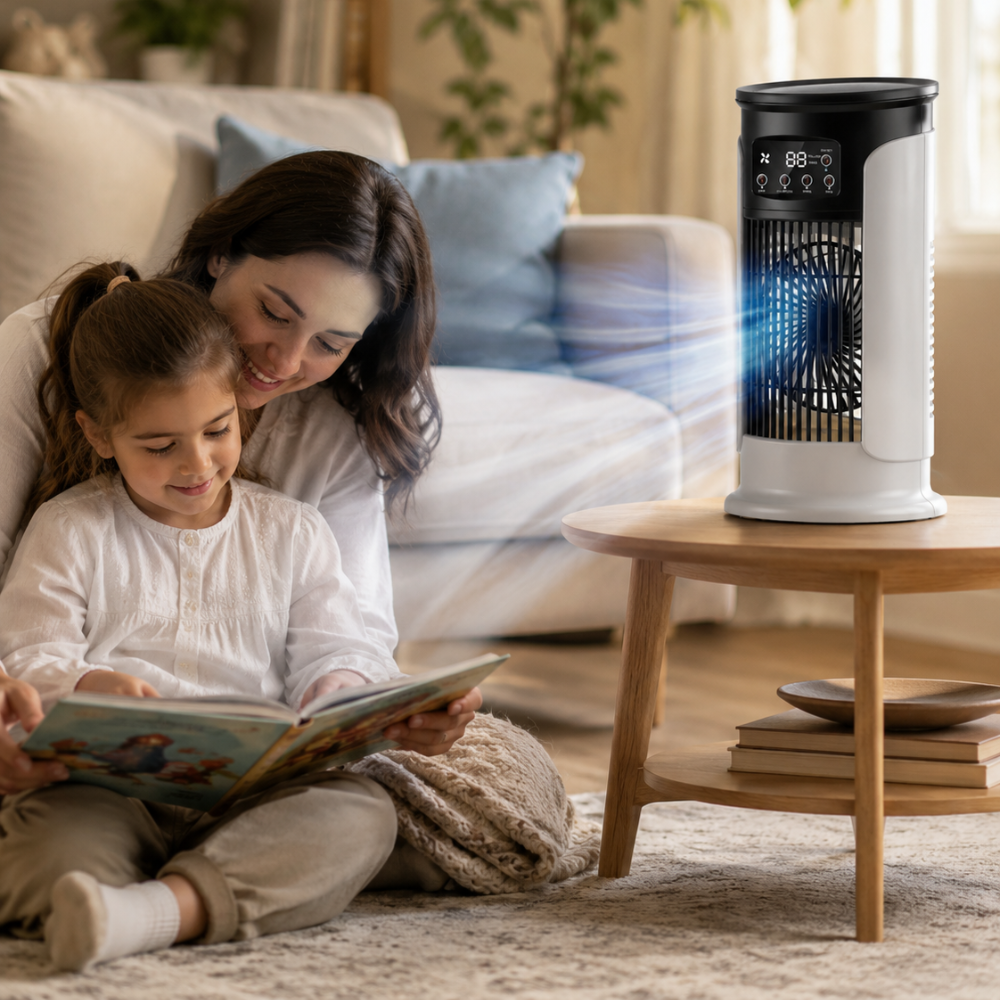 Mobiler Luftkühler 3 in 1 mit Sprühnebel USB Tischventilator LED Anzeige Timer für Büro Schlafzimmer