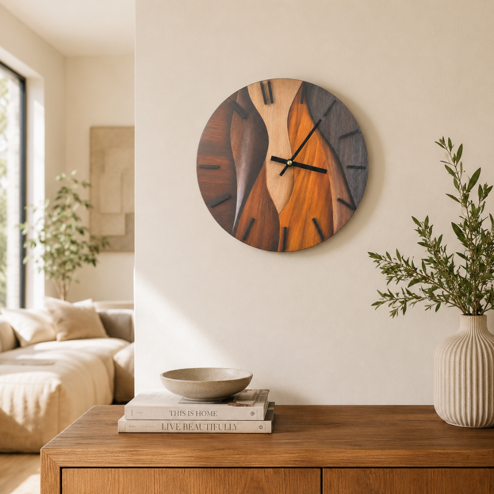 Moderne Wanduhr 30 cm in Holzoptik | Runde Designer-Uhr mit Wellenmuster und leisem Uhrwerk