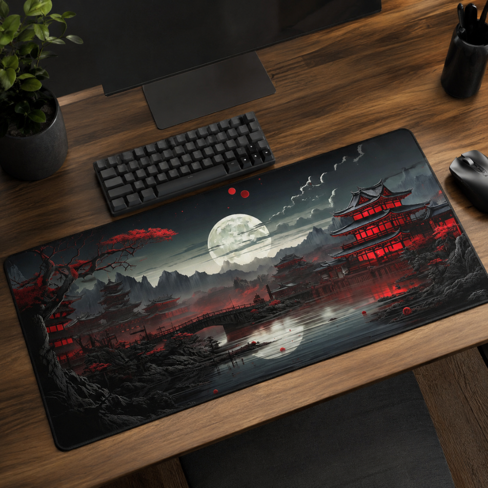 Schreibtischunterlage & XXL Gaming-Mauspad 100 × 50 cm – Sakura-Landschaft bei Nacht, rutschfeste Stoffmatte für Büro, Homeoffice, Schule & Gaming