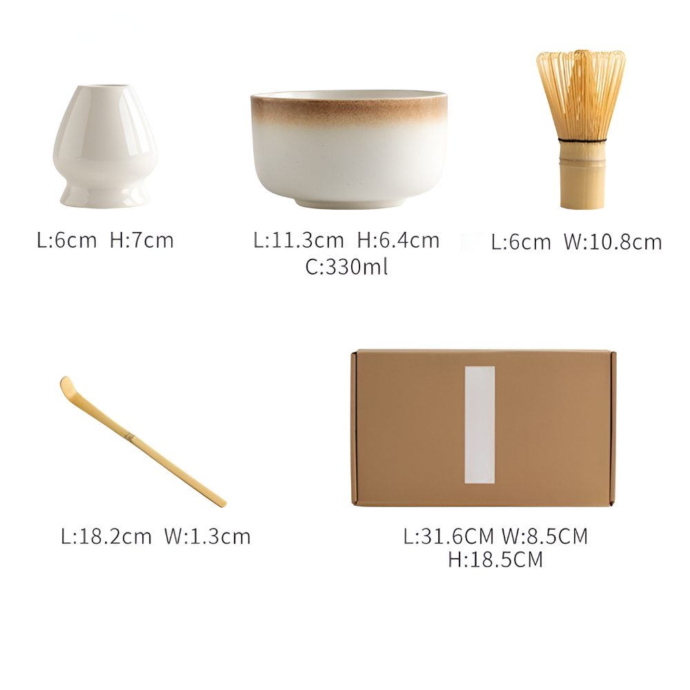Matcha-Set 4-tlg – Handgefertigte Keramikschale, Halter, Bambusbesen (Chasen) & Bambus-Matcha-Löffel (Chashaku)