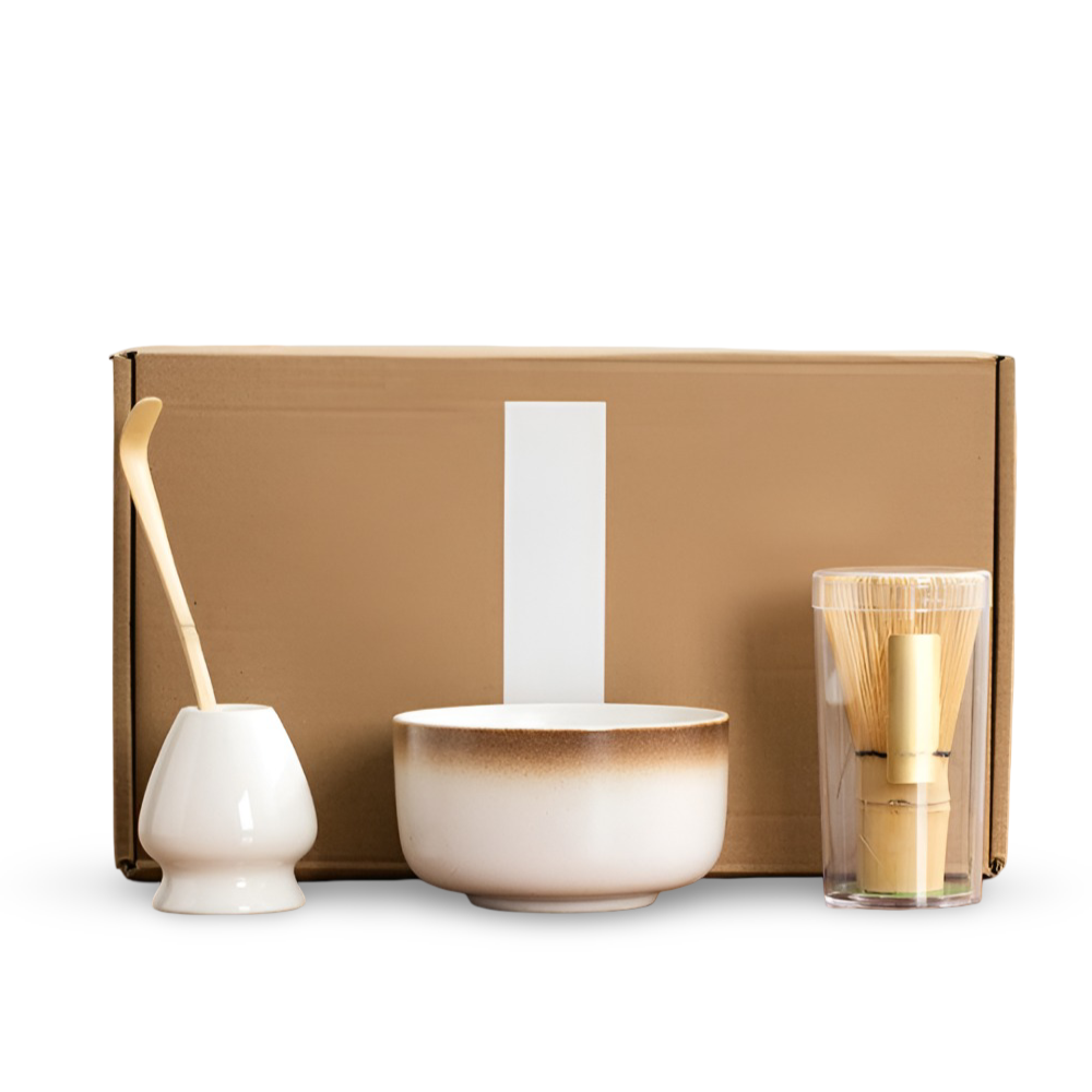 Matcha-Set 4-tlg – Handgefertigte Keramikschale, Halter, Bambusbesen (Chasen) & Bambus-Matcha-Löffel (Chashaku)