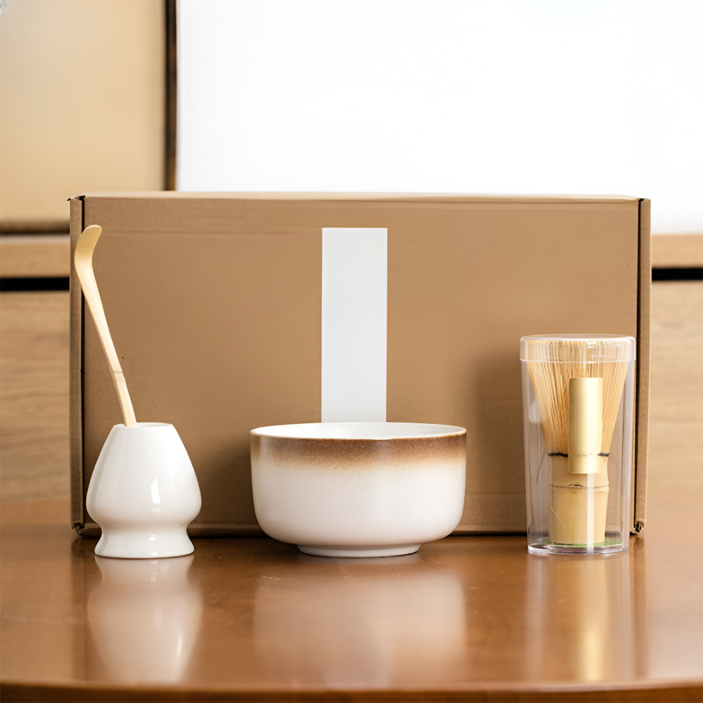 Matcha-Set 4-tlg – Handgefertigte Keramikschale, Halter, Bambusbesen (Chasen) & Bambus-Matcha-Löffel (Chashaku)