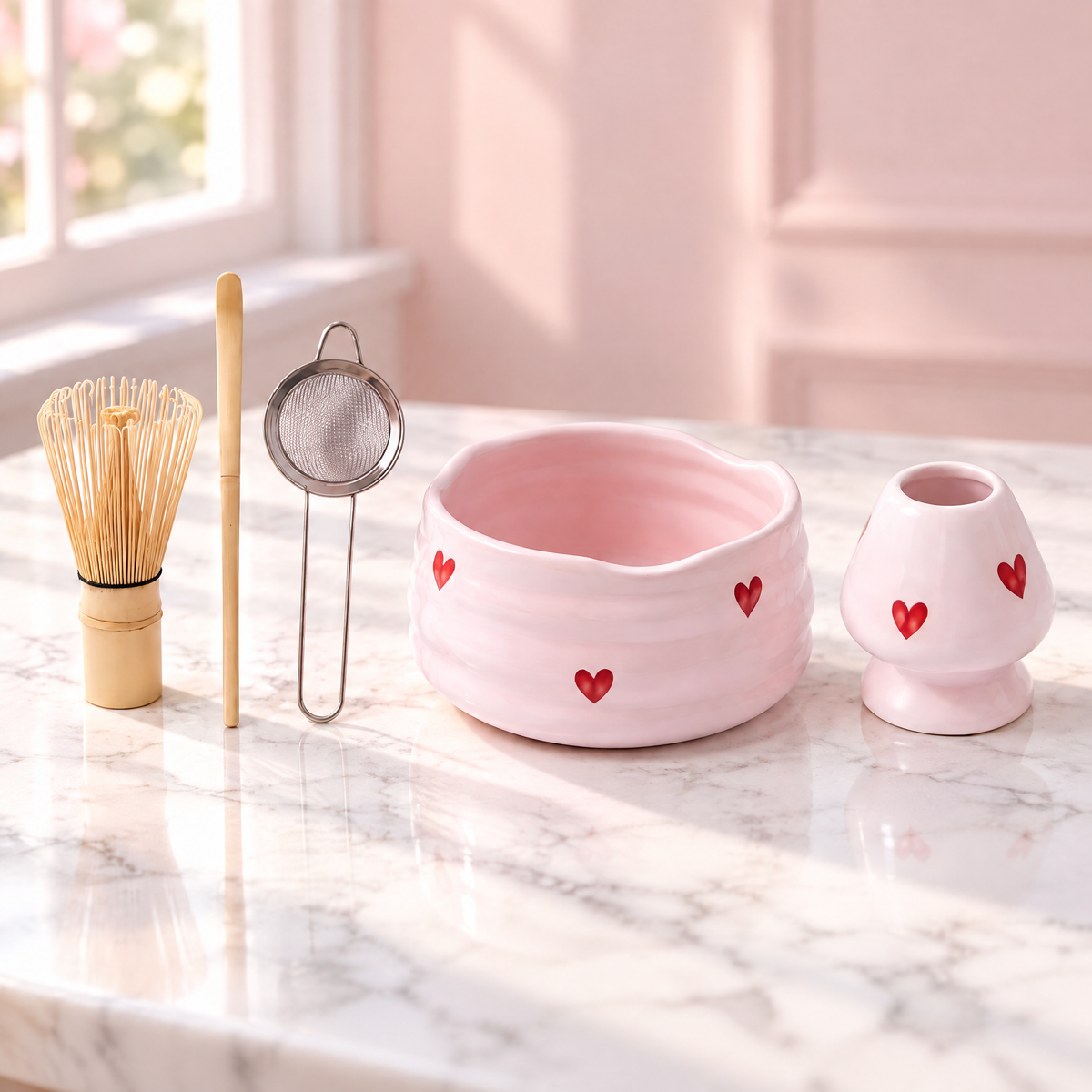 Rosa Matcha Set 5-teilig mit Herz-Design auf einem weißen Marmortisch
