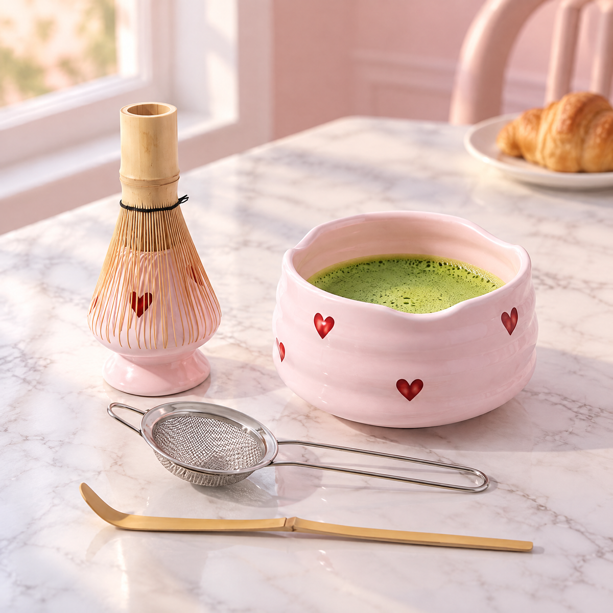 Rosa Matcha Schale mit Herzen und aufgeschlagenem Matcha, Bambusbesen auf dem Besenhalter, Sieb und Chashaku