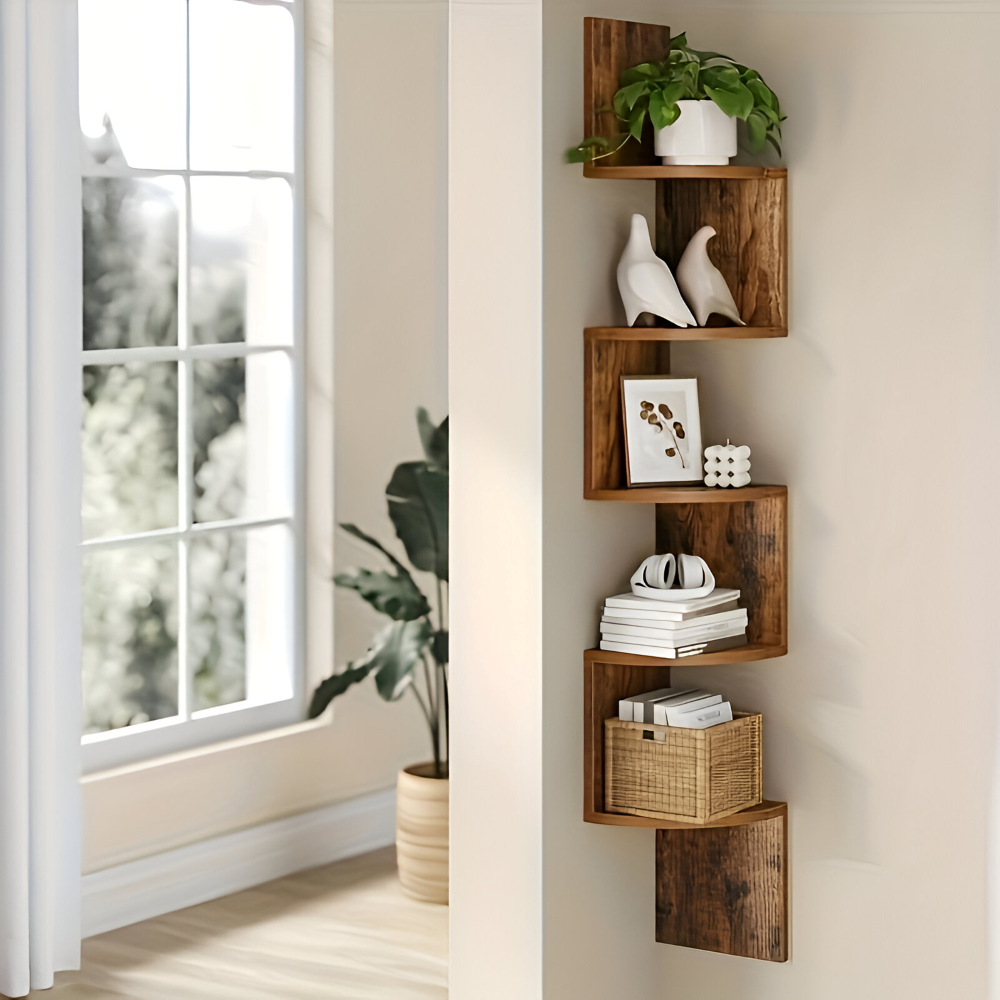 5-Tier Ecke-Wandregal - Stilvolle, Platzsparende Aufbewahrungslösung für Bücher, Pflanzen und Wohnaccessoires in jedem Raum