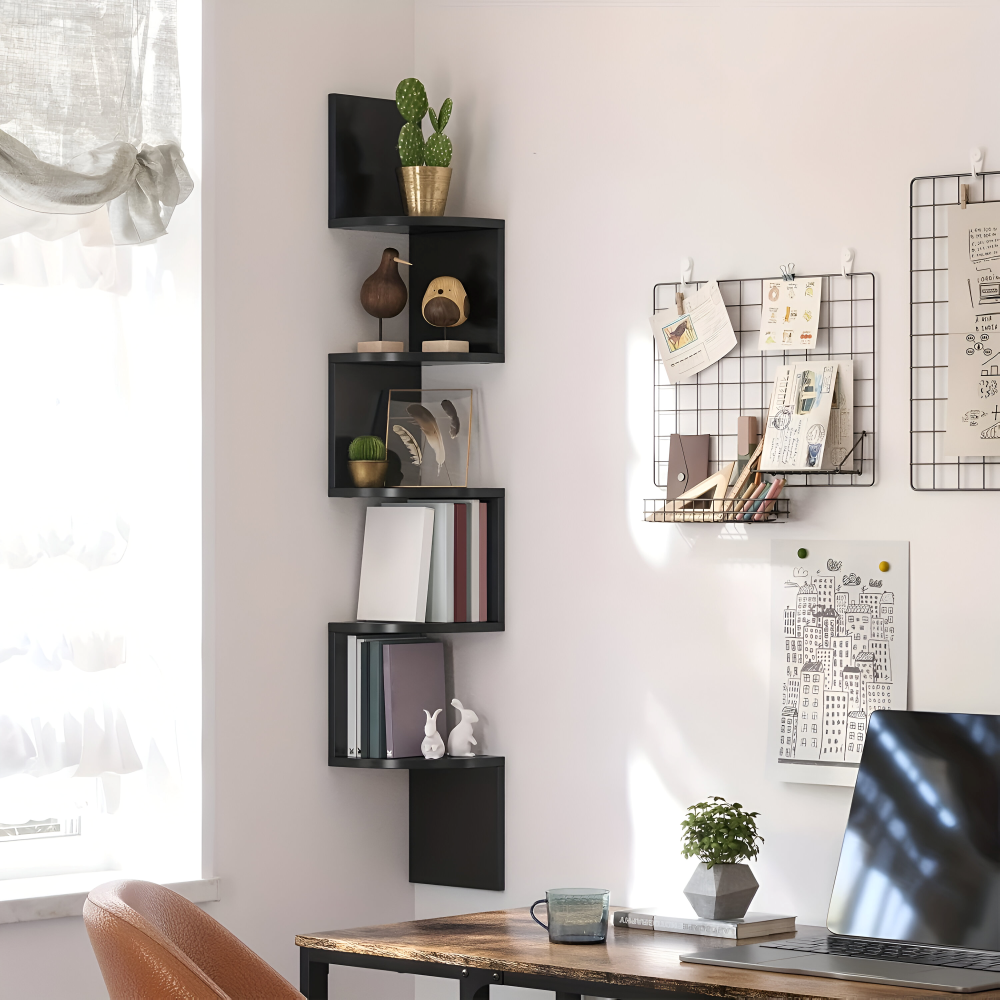 5-Tier Ecke-Wandregal - Stilvolle, Platzsparende Aufbewahrungslösung für Bücher, Pflanzen und Wohnaccessoires in jedem Raum