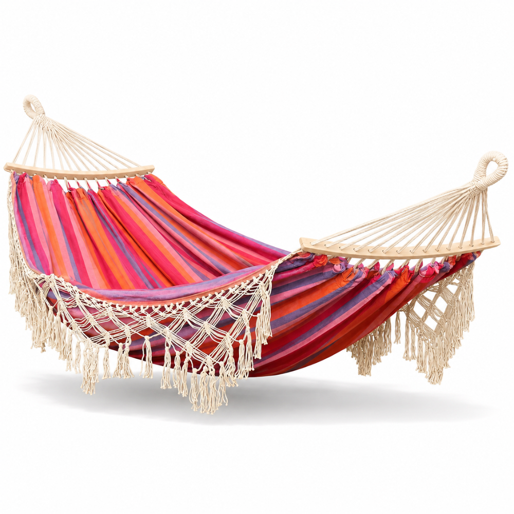Bohemian Baumwoll Hängematte - Bunte Streifen mit Pompons für Garten und Innenräume