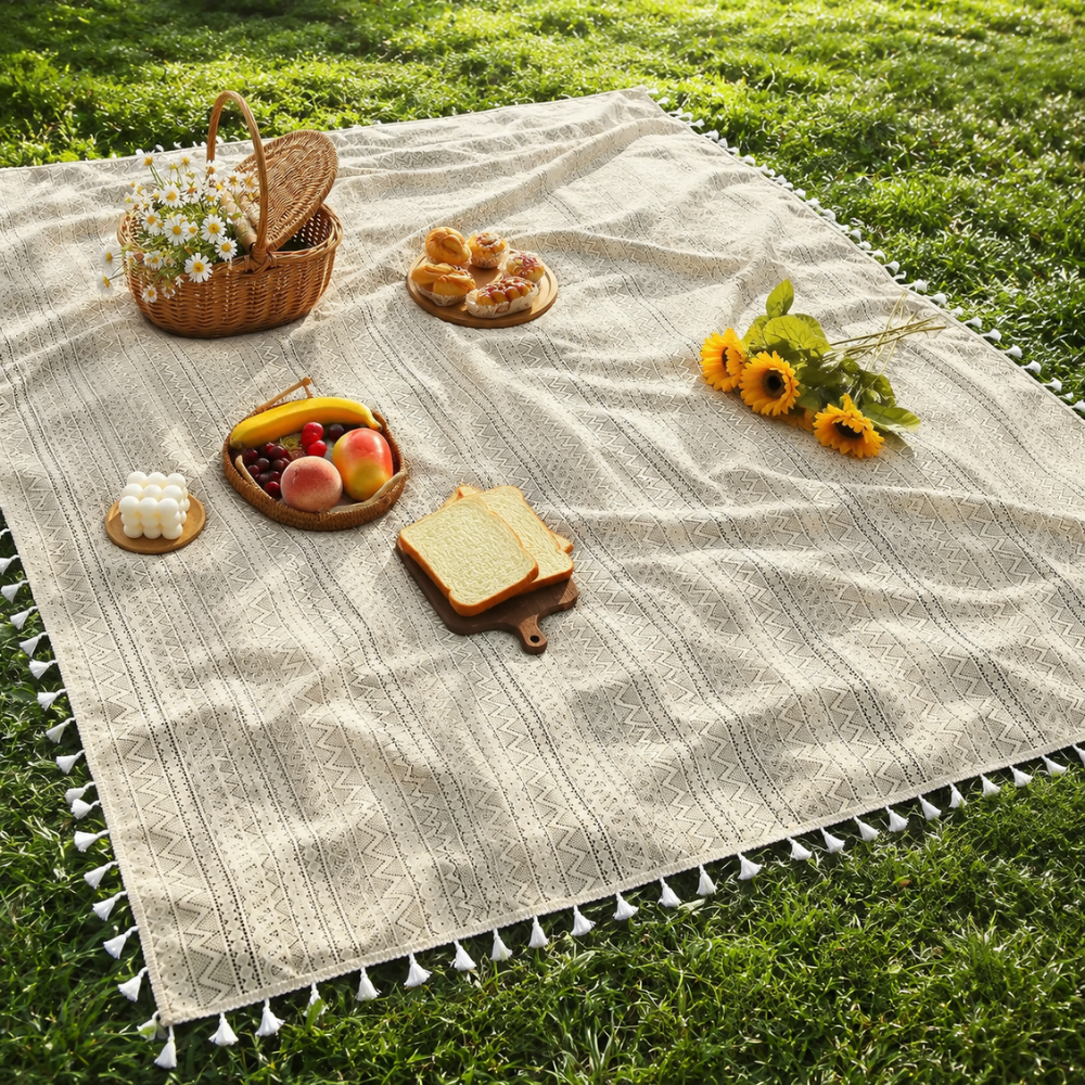 Boho Picknickdecke Beige mit Fransen – waschbare Decke bis XXL für Picknick, Strand, Garten & Esstisch