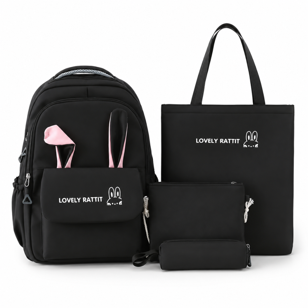 Schulrucksack-Set 4-teilig mit Hasenohren – Großer Nylon-Rucksack mit Tragetasche, Beutel & Mäppchen für Schule & Freizeit