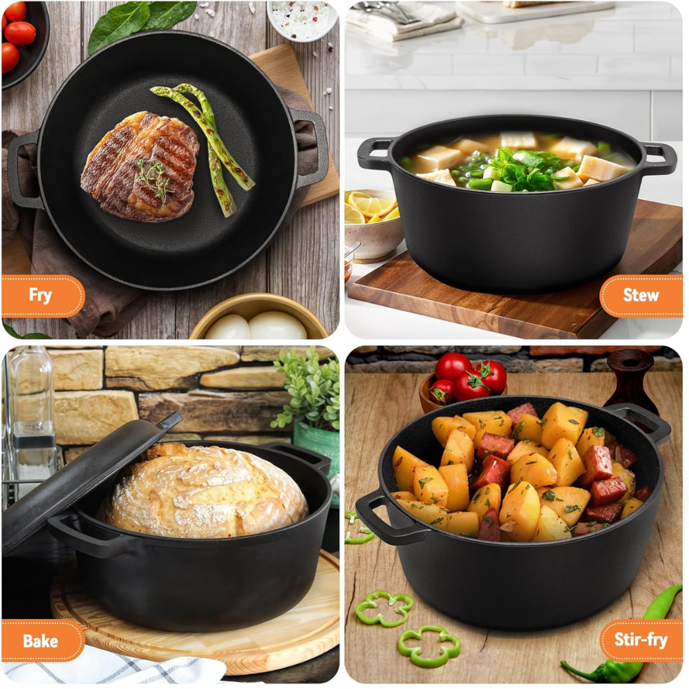 Gusseisen Dutch Oven 26/28 cm – 2-in-1 Schmortopf mit Pfannendeckel für Brot, Braten, Backen & Camping