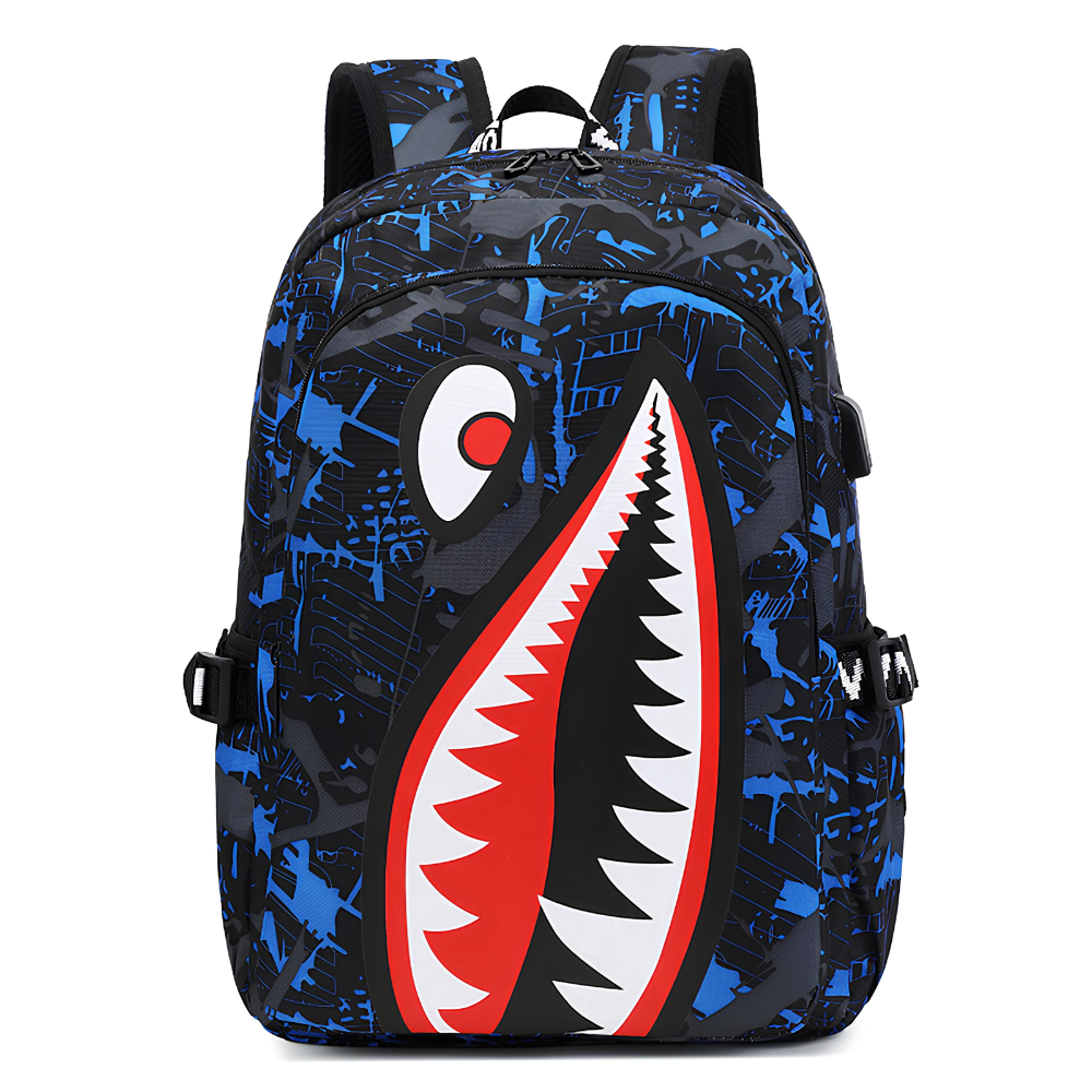 Kinder-Schulrucksack mit Hai-Motiv & USB-Anschluss – Wasserabweisender Rucksack mit großem Stauraum für Schule, Freizeit & Reisen