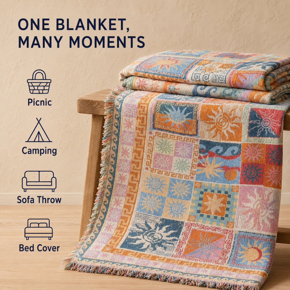 Bunte Boho Picknickdecke mit Fransen | Waschbare Polyester Outdoor-Decke für Camping, Strand, Sofa und Garten