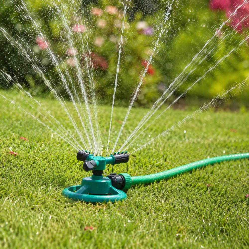 360° Rasensprenger mit 3 verstellbaren Sprüharmen – Automatischer Gartensprinkler für Rasen, Beete & Bewässerung
