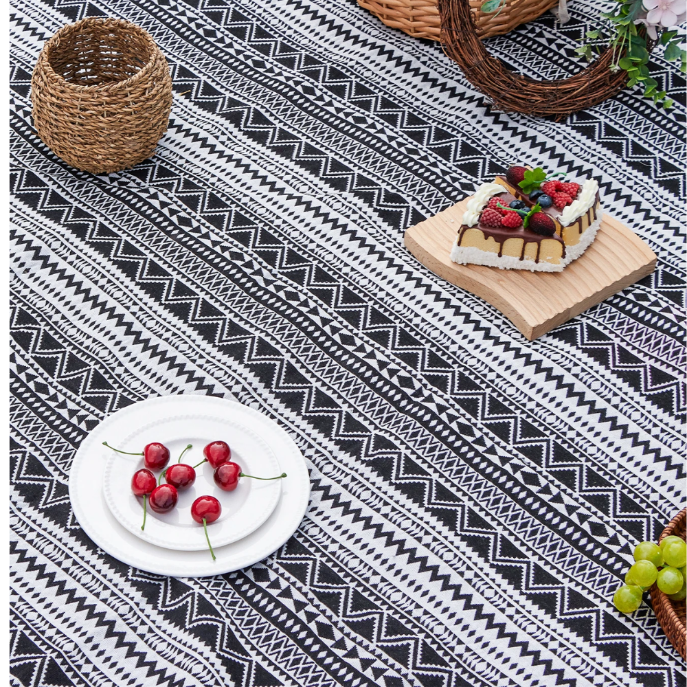 Boho Picknickdecke Outdoor Gewebte Stranddecke Schwarz Weiß mit Streifenmuster für Camping Garten Reise