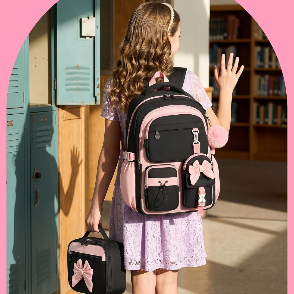 Kinder-Schulrucksack-Set mit Schleifen-Design – 3-teiliges wasserabweisendes Rucksack-Set mit Lunchbag & Federmäppchen