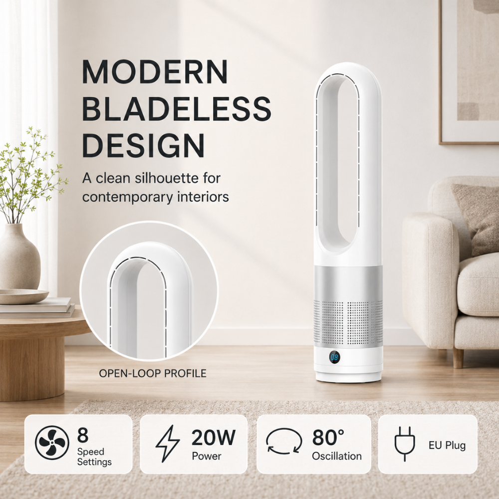 Leiser flügelloser Turmventilator mit Fernbedienung, Timer & 8 Geschwindigkeiten | 20 W Standventilator für Schlafzimmer, Büro & Wohnzimmer