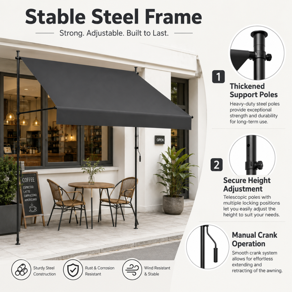 Klemmmarkise ohne Bohren | Manuell ausziehbare Balkonmarkise mit Kurbel, höhenverstellbaren Standrohren & Sonnenschutz für Terrasse, Garten und Balkon