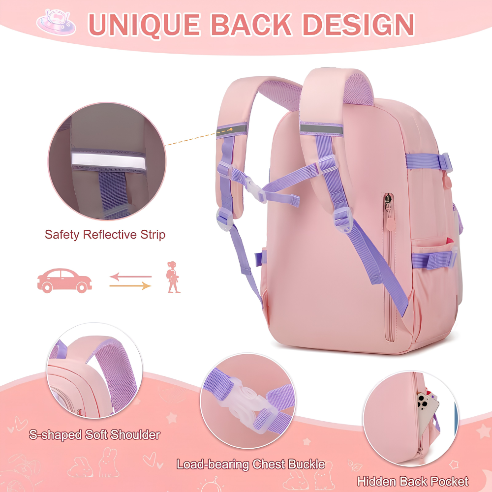 Hasen-Schulrucksack 44 × 30 × 15 cm – Großer Mädchenrucksack mit Brustgurt, Seitentaschen & viel Stauraum