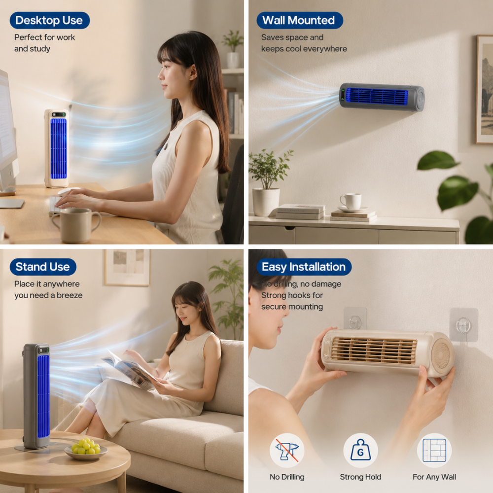 Leiser USB Tischventilator mit Akku Wandhalterung 3 Geschwindigkeiten LED Anzeige für Büro Schlafzimmer