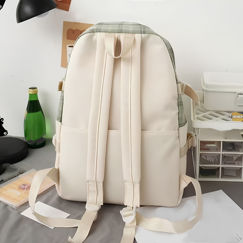 Schulrucksack-Set 5-teilig mit Karomuster – Großer Rucksack mit Tragetasche, Mäppchen, Beutel & Anhängern für Schule & Freizeit